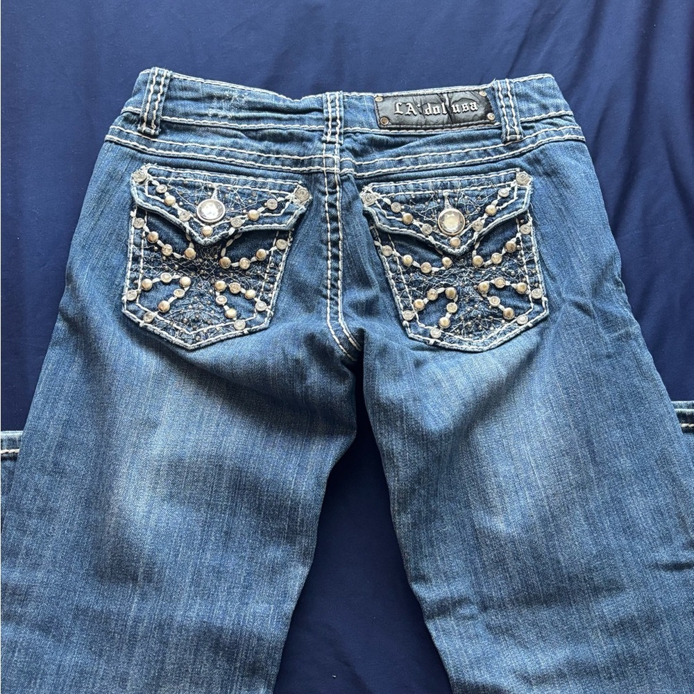 L.A. Doll Blue Boot Cut Jeans with Rhinestone Embellishments